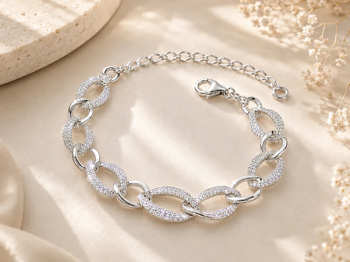Zirkon Taşlı Oval Halka 925 Ayar Gümüş Bileklik