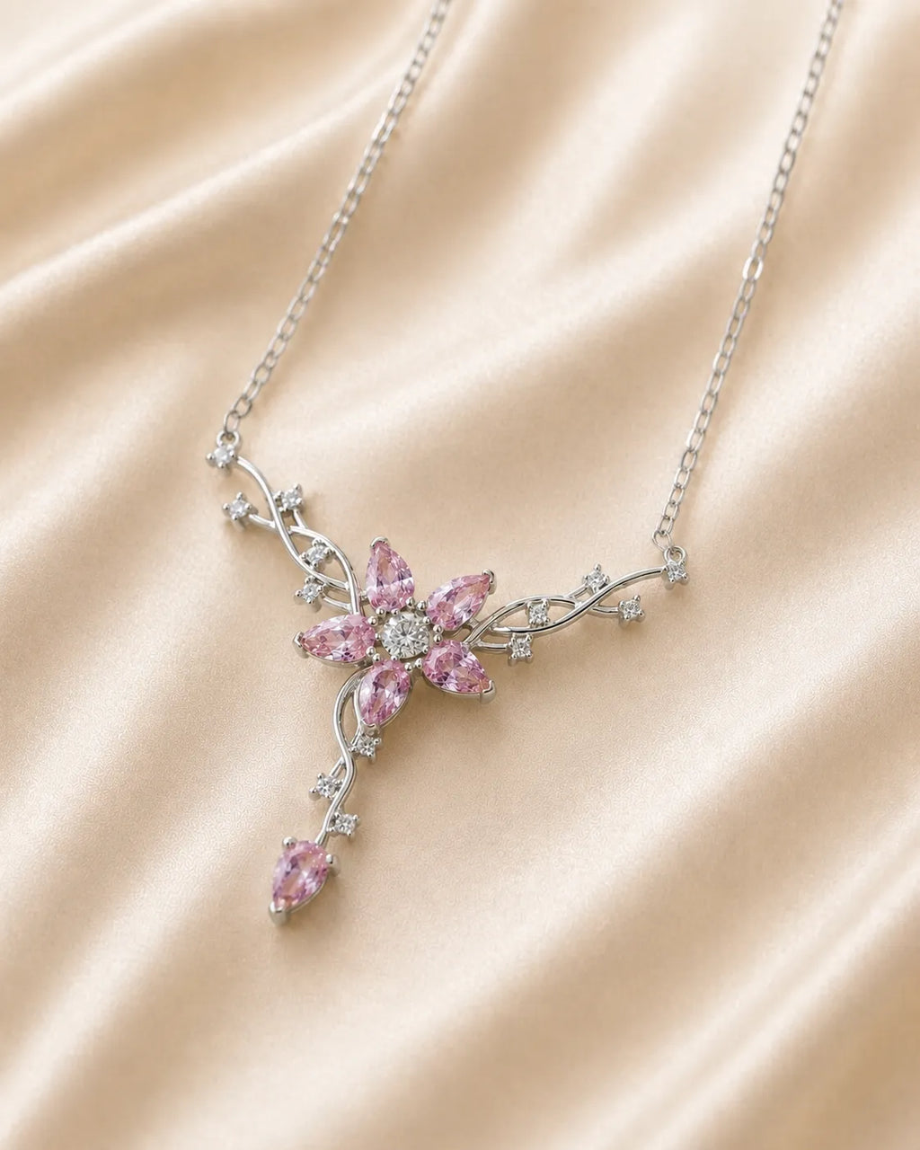Pembe Sakura Çiçeği 925 Ayar Gümüş Kolye