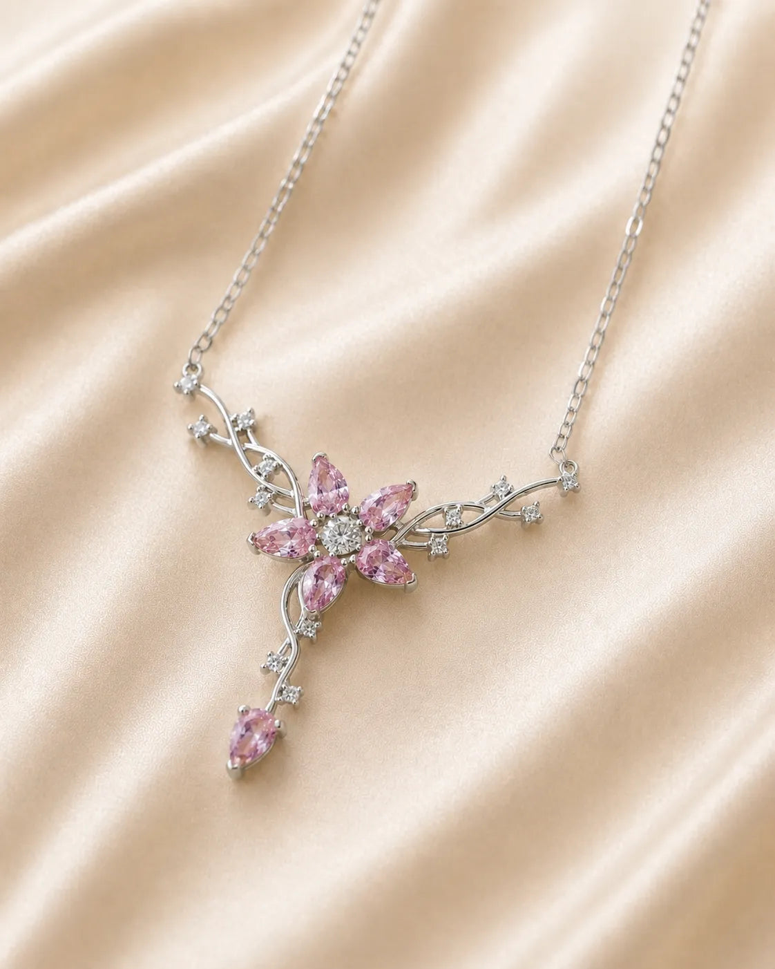 Pembe Sakura Çiçeği 925 Ayar Gümüş Kolye
