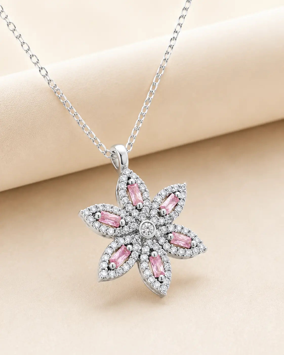 Pembe Zirkon Taşlı Lotus 925 Ayar Gümüş Kolye
